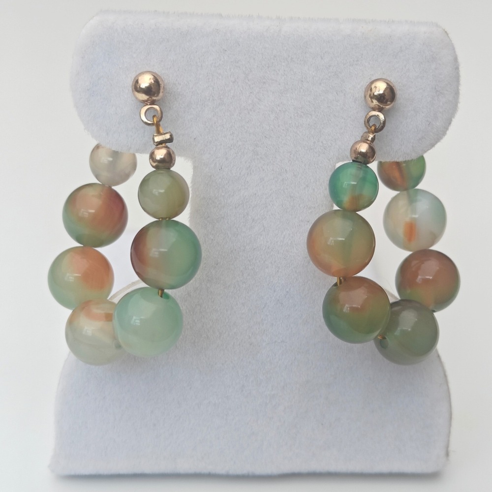 Beaded Hoop Drop Earrings Gold Tone Green Orange Glass Natural Stone